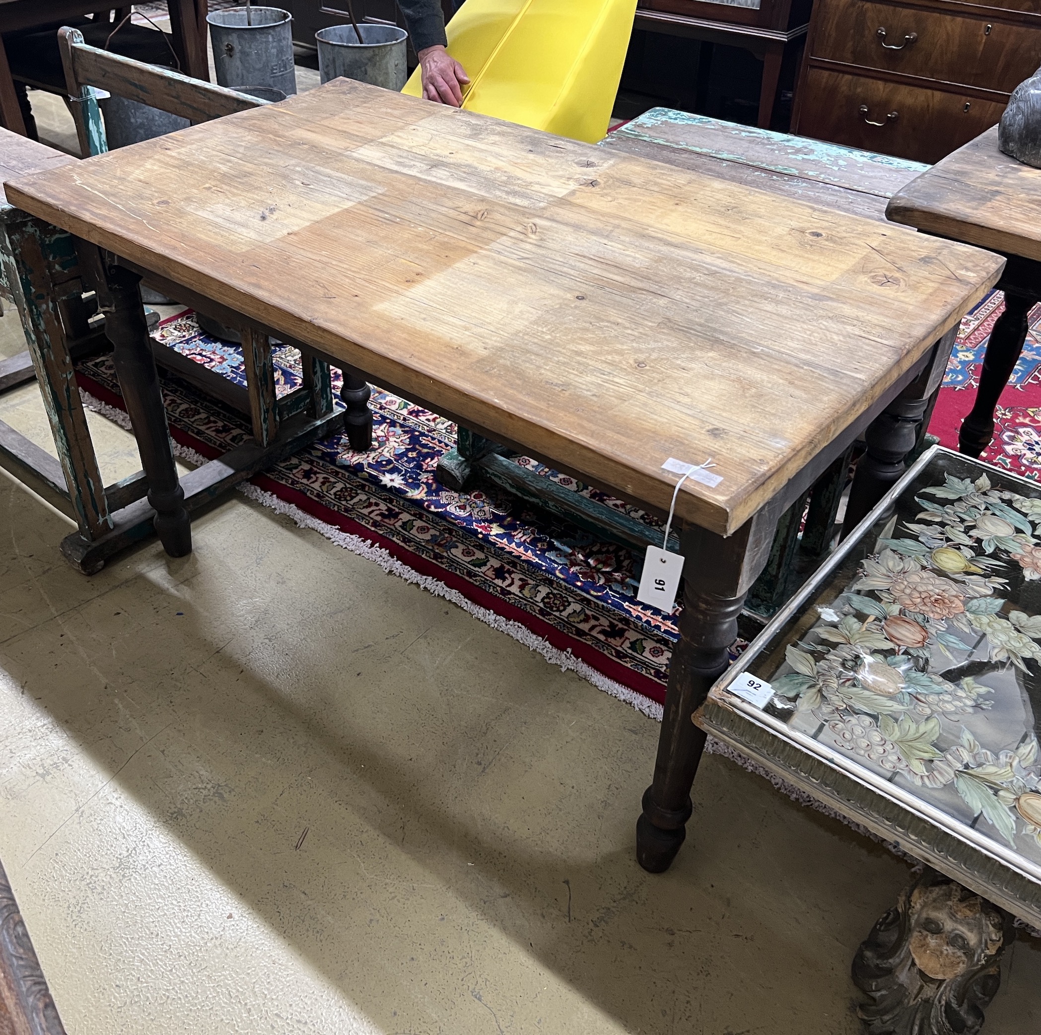 A rectangular Victorian style pine kitchen table, width 119cm, depth 67cm, height 75cm